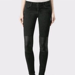 All Saints Washed Black Low Rise Leather Patch Raw Hem Jeans 25